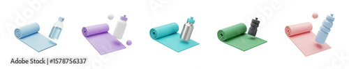3D Yoga Mat and Water Bottle – Wellness Icon PNG Set

