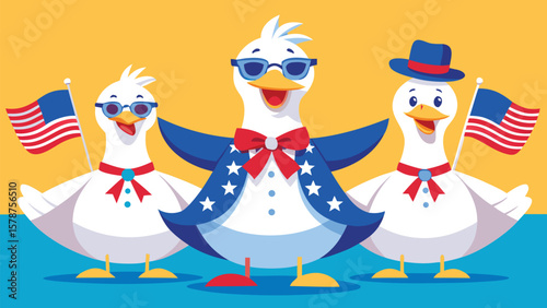 Three patriotic ducks celebrating independence day with american flags