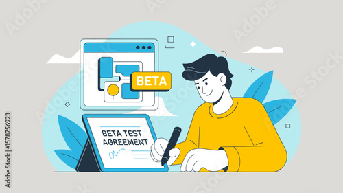 beta tester signing a digital agreement on a tablet, vector illustration for software pre-release testing, user feedback participation and early access programs