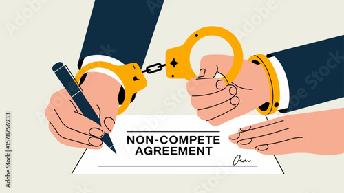 handcuffed hands signing a non-compete agreement, vector illustration for employment restrictions, trade secret protection and legal obligations