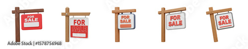 3D Real Estate For Sale Sign – Wooden Post Icon PNG Set

