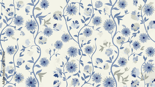 Floral pattern featuring blue flowers and winding vines on a light background creating a wallpaper design
