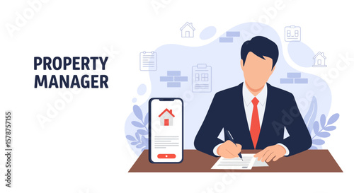 Property Manager Character Signing Documents. Modern Vector for Rental Agreements and Management Reports.