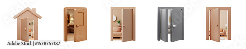3D Open Door Icon – Interior Home View – Transparent PNG Set

