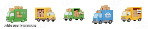 3D Moving Truck Icon – Boxes and Home Label – Transparent PNG Set

