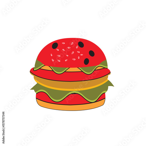 Delicious Juicy Burger with Fresh Ingredients A mouthwatering burger stacked with a juicy beef patty, melted cheese, crisp lettuce, fresh tomatoes, pickles, and a soft sesame seed bun. Perfectly layer