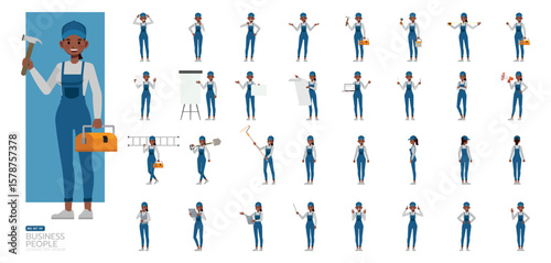 Big Set of Female handyman wear blue repairman apron character vector illustration design. Women working and presentation in various action.