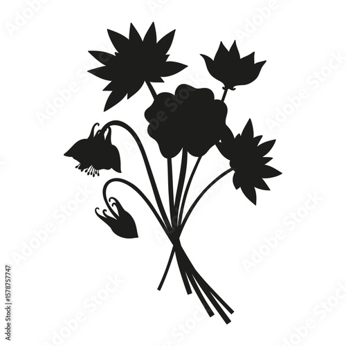 Wildflowers silhouette bouquet. Hand-drawn nymphaea, aquilegia, cyclamen, meadow flowers, herbs, and wild plants. Botanical elements for design projects. Minimal style, vector illustration