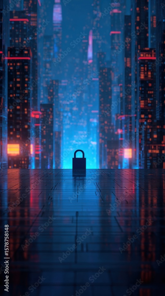 Fototapeta premium Futuristic digital cityscape with a glowing padlock symbolizing security and privacy in advanced technology environments