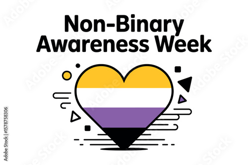 Non-Binary Awareness Week Heart Icon with Pride Flag Colors and Bold Text