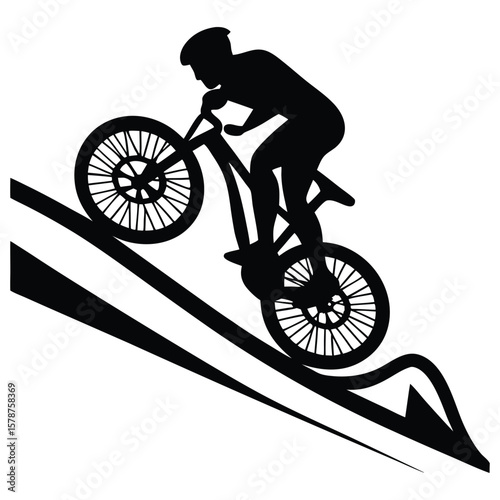 A bold black silhouette of a mountain biker descending a steep trail, perfect for adventure, sports, and outdoor-themed designs.

