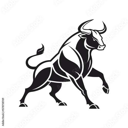 Striking black and white bull silhouette with bold lines, perfect for sports, strength, or logo designs