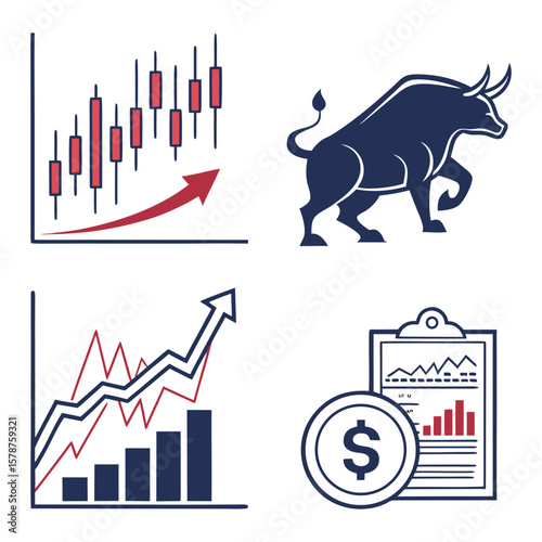 A set of 5 vibrant financial icons, featuring a bull, candlestick chart, growth graph, coin, and report, ideal for stock market and investment designs
