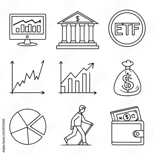 A set of 9 minimalist black line finance icons, including charts, bank, ETF, money bag, wallet, and investor, perfect for financial and business designs.