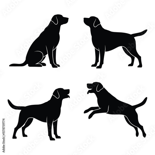 Four Black Labrador Retriever Dog Silhouettes in Various Poses Illustration