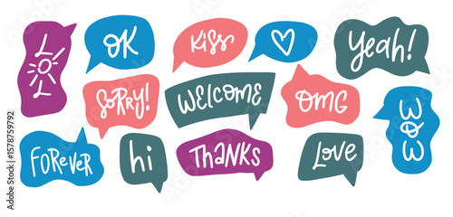 Set of colorful hand-drawn speech bubbles with trendy short words and phrases like OK, LOL, OMG, and Thanks.  