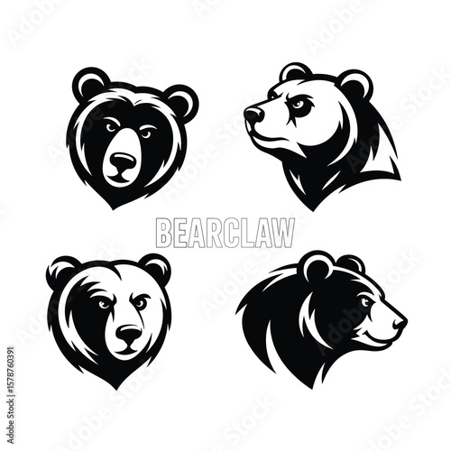 Minimalist Black and White Bear Head Vector Set in Grid Mascot Style