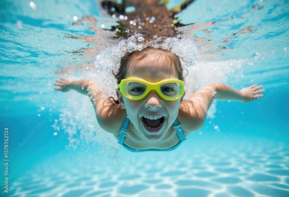 Fototapeta premium A joyful child with yellow goggles swimming underwater in a clear blue pool, capturing the fun and excitement of summer water activities and childhood bliss. 