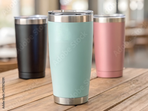 Three Stainless Steel Tumblers on Wooden Table