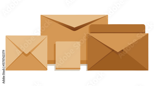 Illustration of Several Brown Paper Envelopes and Note Cards Sorted by Size and Arranged Close Together on White Background