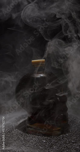 skull shaped bottle filled with a dark brown liquid stands amidst swirling smoke on a bed of black sand The atmosphere is mysterious and slightly ominous, enhancing its unique design