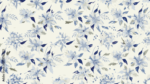 Floral pattern with light blue flowers and dark blue leaves scattered on a cream background surface design