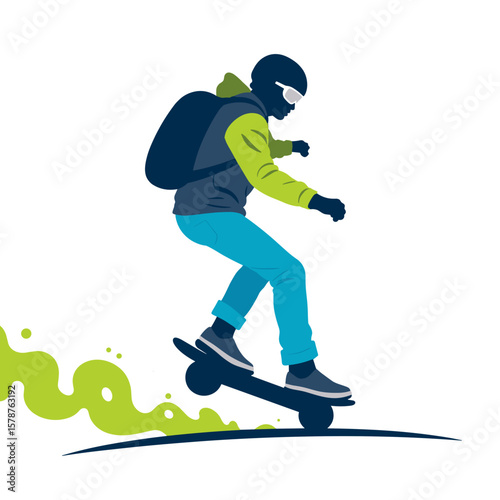 Person riding electric skateboard with backpack and dynamic motion  