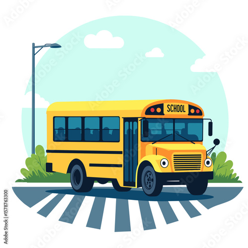Yellow school bus crossing pedestrian lines in urban environment  