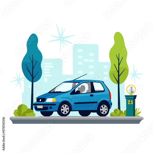 Blue car parked on street with trees and buildings in background  