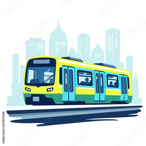 Modern tram in urban environment with city skyline backdrop  