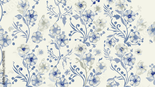 Delicate floral pattern with blue and white flowers and swirling stems on a light background design