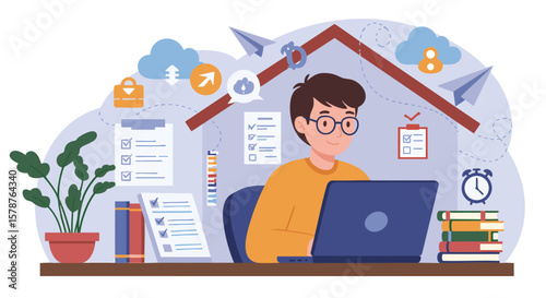 Young man working remotely with laptop and productivity icons