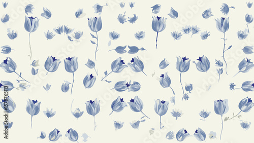 Delicate floral pattern featuring blue tulip flowers and scattered petals on a light background design art