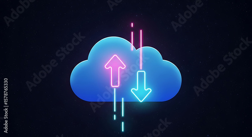 A blue cloud with neon arrows pointing up and down against a dark starry background design ai generated