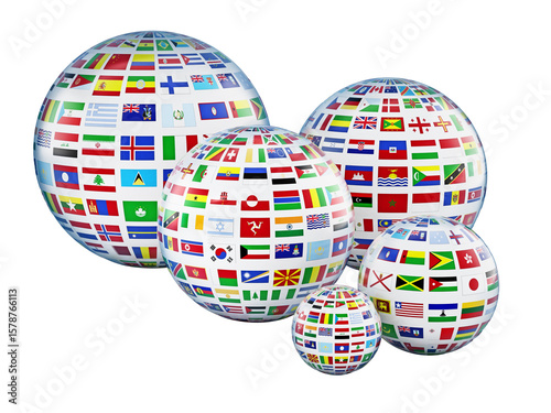 Country flags around the globes on transparent background. 3D illustration