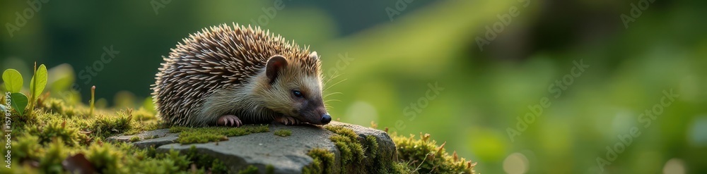 Fototapeta premium Hedgehog snoozing on a mossy rock with rolled-up body , rock, hedgehog, wildlife