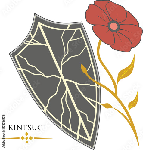 kintsugi shield with red flower and golden cracks