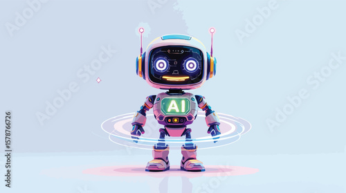 Adorable friendly ai robot depicted with glowing eyes and ai badge against a blue background.