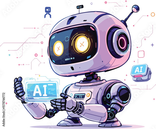 Cute cartoon robot holding a tablet with ai label in a futuristic technology illustration.