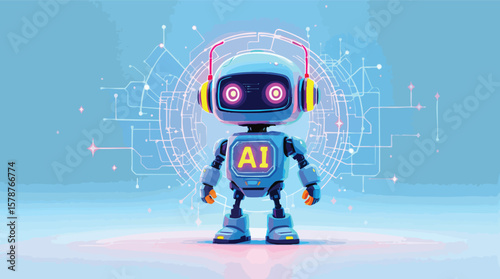 Cute cartoon robot with ai symbol in a modern futuristic technology illustration.
