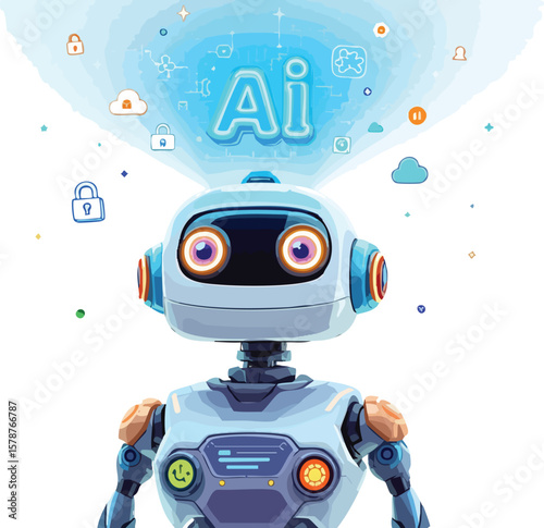 Cute robotic ai character with cloud computing and data security illustrations.