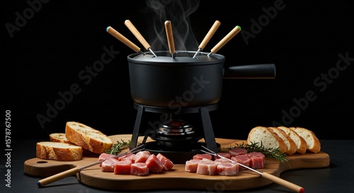 A black fondue pot with wooden handles on a stand with bread and meat on a wooden board dark background