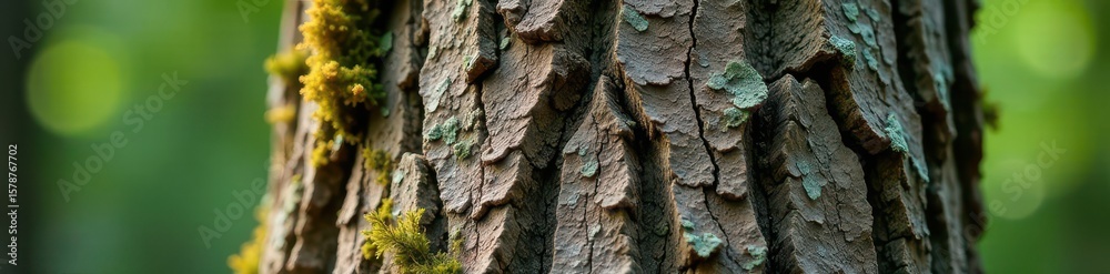Fototapeta premium Weathered tree trunk with moss and lichen, texture closeup, forest, textures, lichen