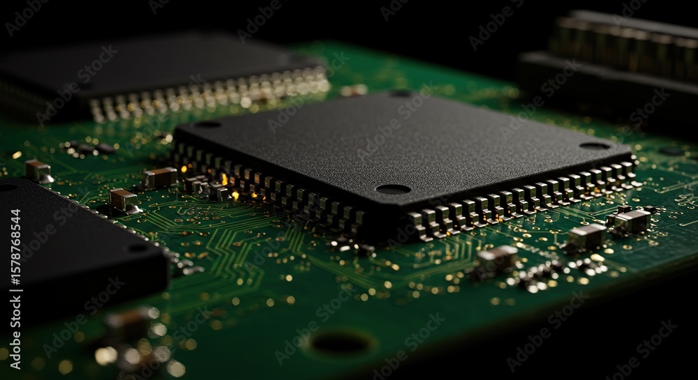 Obraz premium Modern computer circuit board featuring integrated microchips and processors designed for electronics and IT innovation