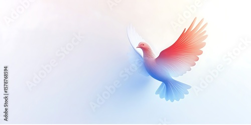 A dove in flight with red and blue gradient wings
