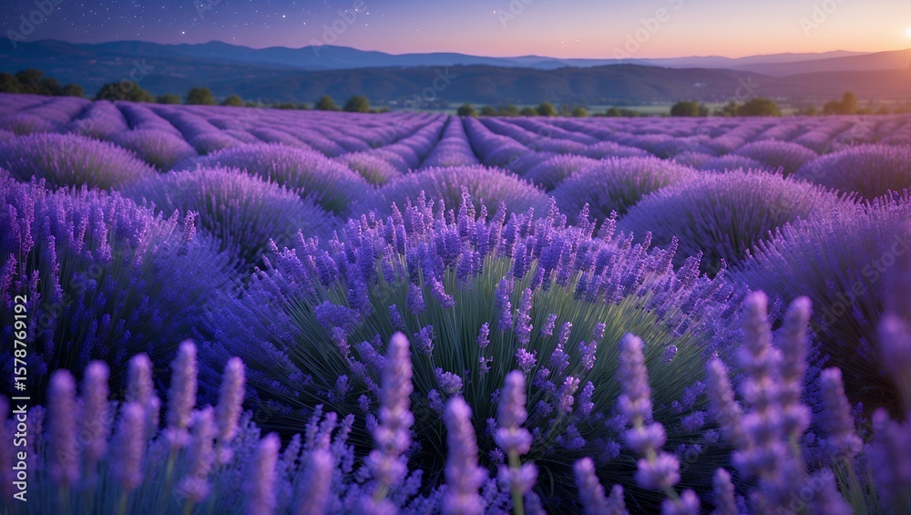 Obraz premium Lavender Field Blooming at Sunset with Mountain Backdrop and Stars