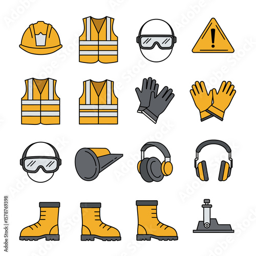 A comprehensive collection of personal protective equipment (PPE) icons in a modern flat design style, essential for workplace safety and industrial illustrations.