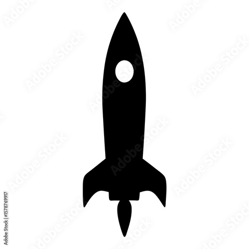 Black Silhouette of a Rocket with Tail Flame, A black silhouette of a rocket with a tail flame, symbolizing space exploration and technological innovation.
