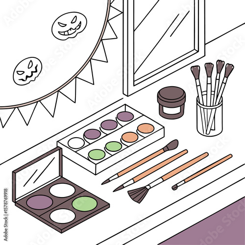 Illustration of a vanity table with makeup, brushes, mirror, and halloween themed decorations on wall