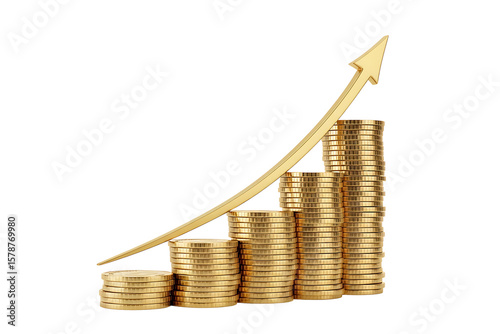 Golden coins stacked in a rising graph with an upward arrow isolated on transparent background